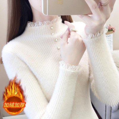 仿水貂绒蕾丝花边加绒毛衣