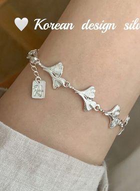 韩国小众设计感银饰 S925纯银银杏叶子手链亮银ins风手饰品女叠戴