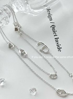 S925纯银简约间隔猪鼻子长款毛衣链锁骨链高级感爆款百搭叠戴链