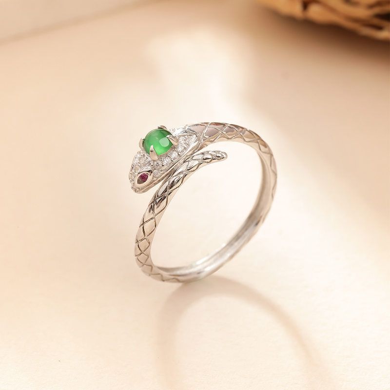 纯银s925蛇形戒指天然危料翡翠