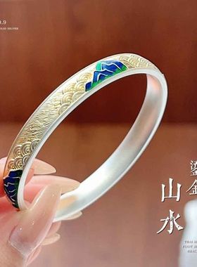 千里江山手镯描金珐琅彩足银999国风山海实心小众胖东来纯银镯子