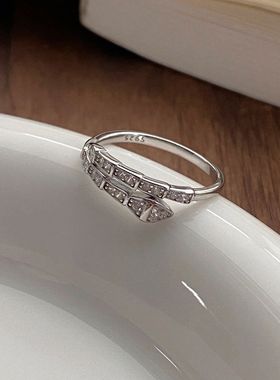 S925纯银小众设计蛇形镶钻戒指女个性百搭气质开口指环简约手饰品
