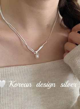 韩国ins风重工饰品 S925纯银叠戴双层水滴淡水珍珠项链女 锁骨链