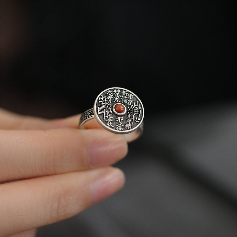 新款S925纯银泰银复古山鬼符南红玛瑙时尚饰品女文艺戒指做旧开口
