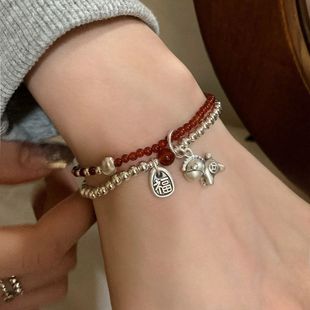 马上有钱S925纯银小马吊坠双层手链红玛瑙轻奢小众精致手饰高级感
