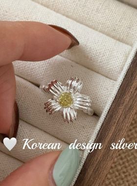 韩版森系冷淡风食指环 S925纯银花朵黄钻开口戒指 小众设计感女