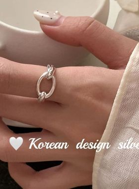 韩版简约ins风设计感饰品925纯银双环椭圆戒指叠戴气质开口指环女