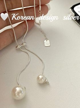 秋冬款上新饰品 S925纯银长长款蛇骨珍珠毛衣链项链女 小众设计