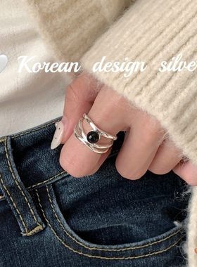 韩国东大门小众设计银饰品 S925纯银三层黑玛瑙开口戒指 高级感