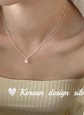韩国ins风饰品 S925纯银不对称拼接蛇骨双层珍珠项链 叠戴高级感