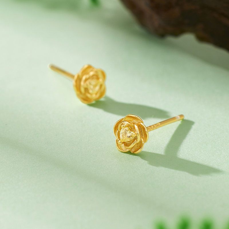 S925纯银玫瑰花耳钉女款镶嵌黄钻爱心锆石简约百搭银镀金花朵耳饰