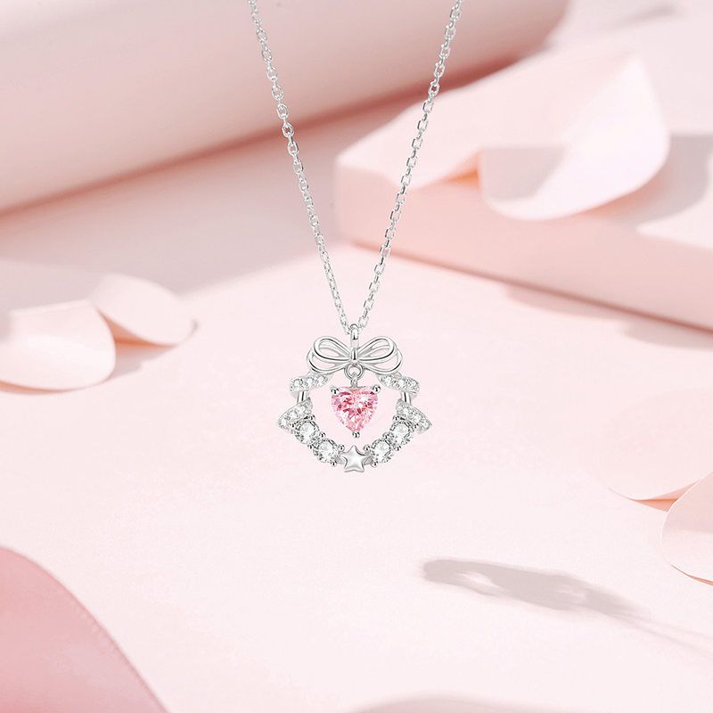 BaObAo原创设计s925银粉钻爱心蝴蝶结花环项链女生轻奢小众设计感