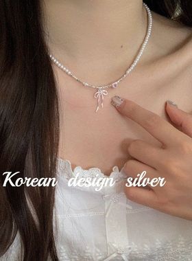 韩国2024款ins风设计银饰品 S925纯银蝴蝶结小钻碎银珍珠项链叠戴