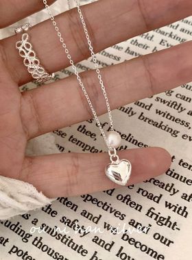 S925纯银天然珍珠爱心项链女ins风小众设计简约时尚锁骨链潮