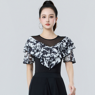 2026夏季新款女成人拉丁舞服装网纱印花中袖圆领舞蹈时尚练功服