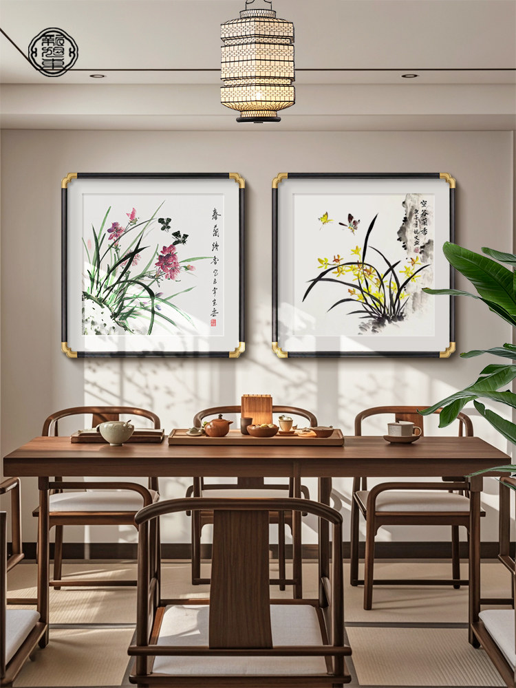 国画兰花新中国风餐厅装饰画2025新餐厅餐桌背景墙挂画入口壁画