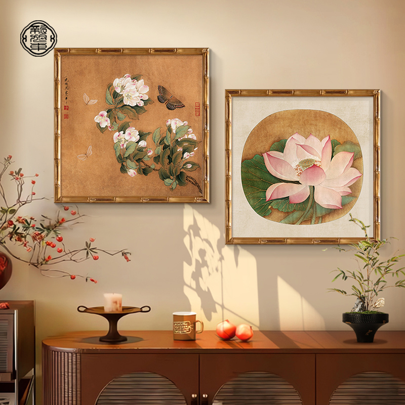 花鸟中古风玄关装饰画复古法式客厅餐厅壁画卧室画新中式荷花挂画图片