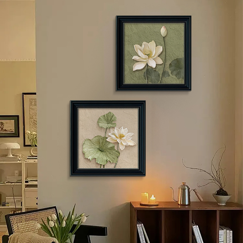 中古风玄关装饰画荷花复古油画餐厅背景墙挂画艺术组合壁画高级感图片