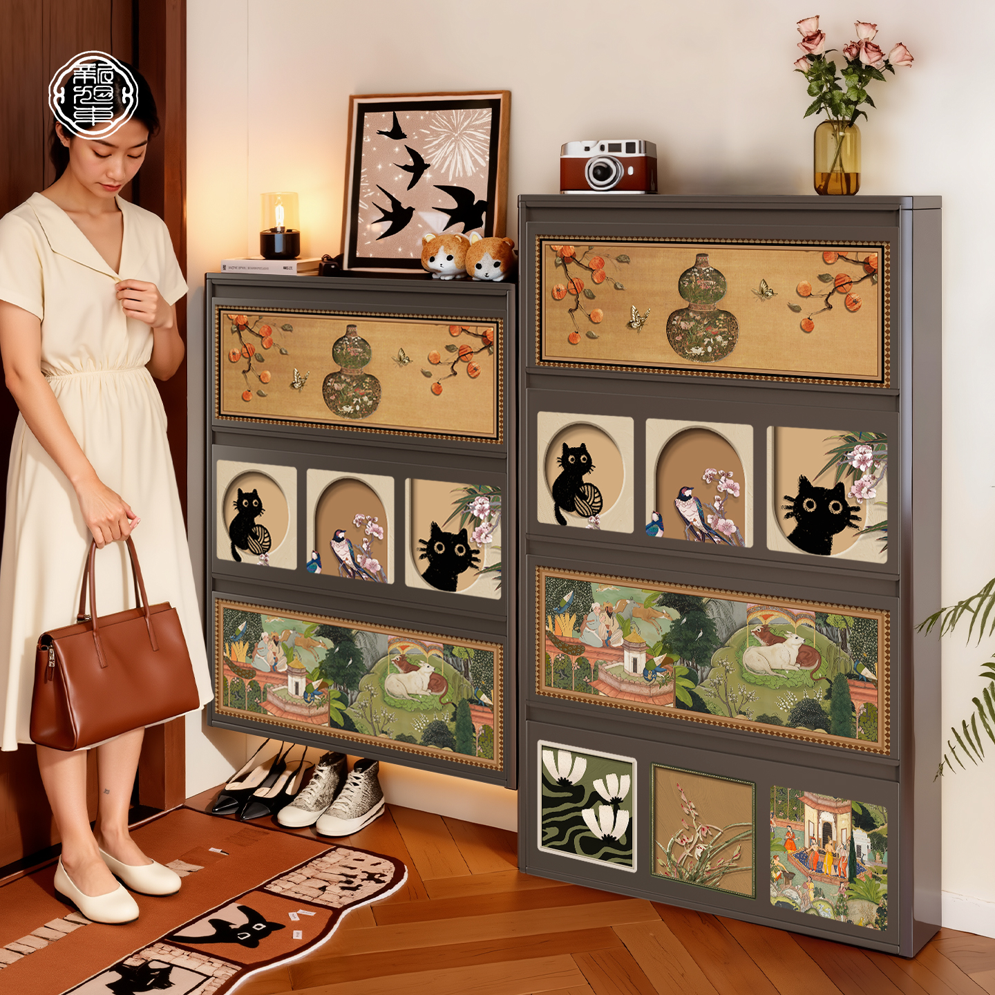 中古风超薄极窄鞋柜一体靠