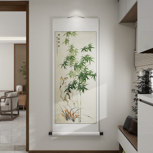 竹报平安卷轴挂画 画新中式玄关装饰画 画竹子国画 画书房茶室壁