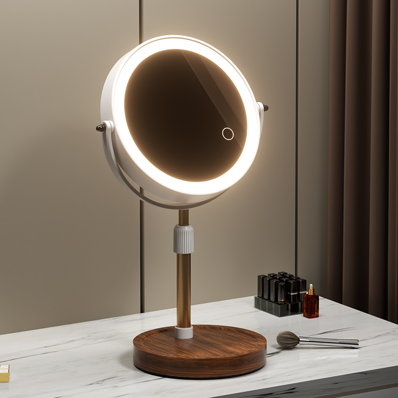 家用桌面可立式升降led带灯木底双面化妆镜台式卧室智能美妆镜子