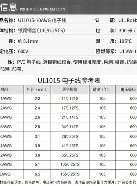 UL1015 10AWG电子线 环保电线 105°高温600V美标美规 UL导线引线