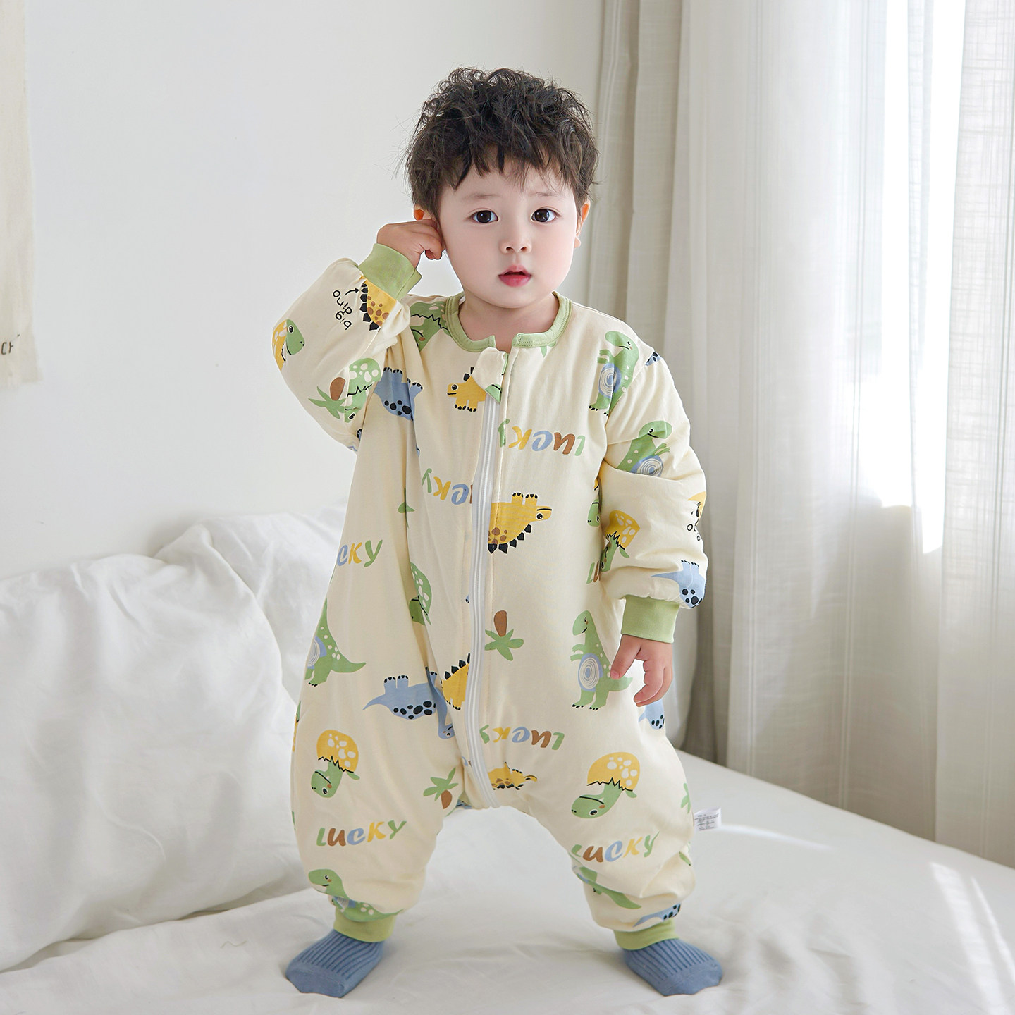 宝宝睡袋秋冬款纯棉加厚夹棉儿童连体睡衣婴儿睡觉防踢被冬季加棉