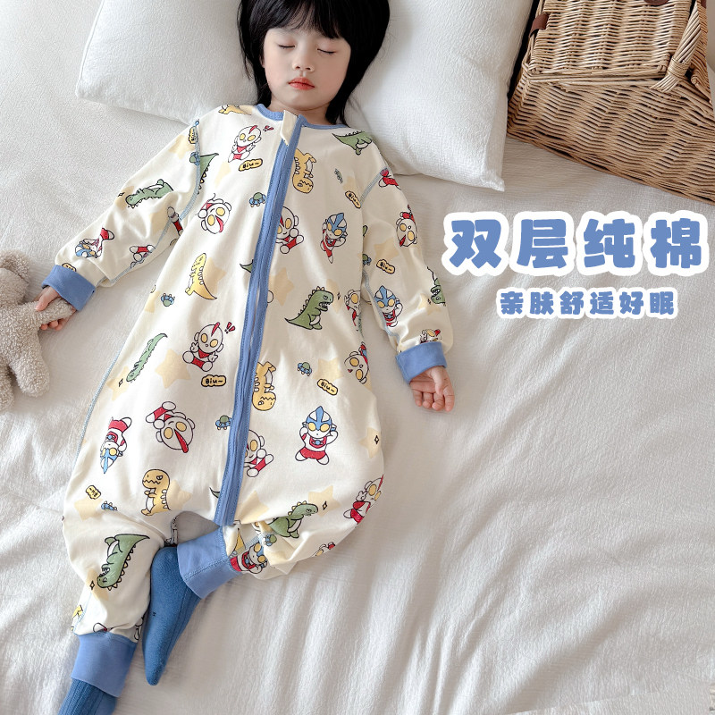 宝宝睡袋双层纯棉婴儿春秋季儿童连体睡衣大童秋冬防踢被四季通用