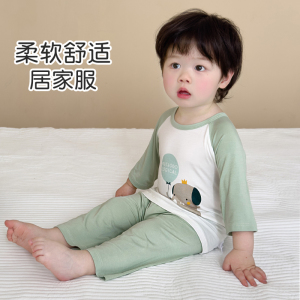 儿童家居服套装夏季冰丝薄款七分袖睡衣男女童宝宝透气空调服夏天