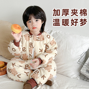 儿童睡袋秋冬款纯棉防踢被男童宝宝加厚防寒保暖冬季婴儿连体睡衣