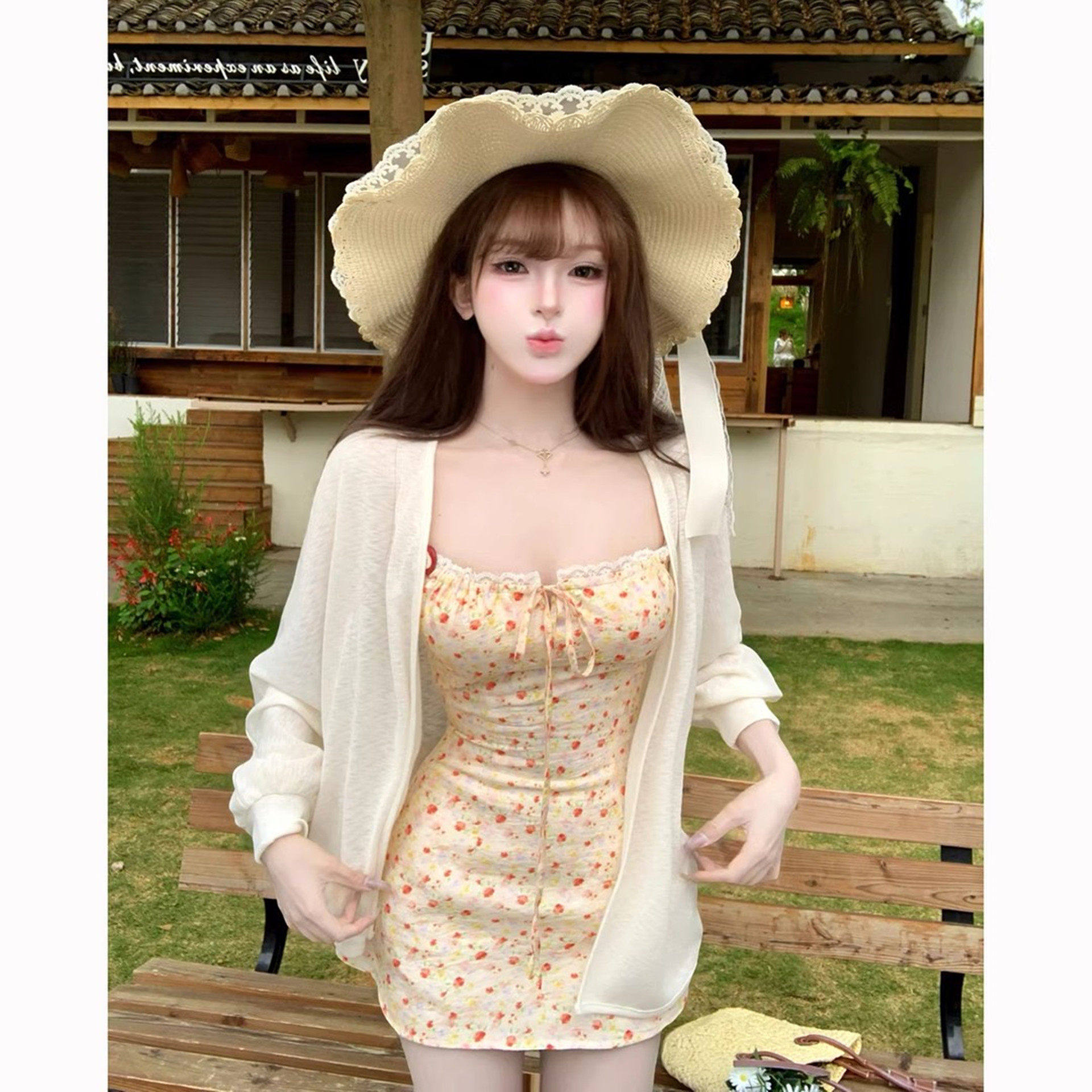 初夏韩系穿搭小个子纯欲风高级感针织罩衫吊带洋装子两件式套装女