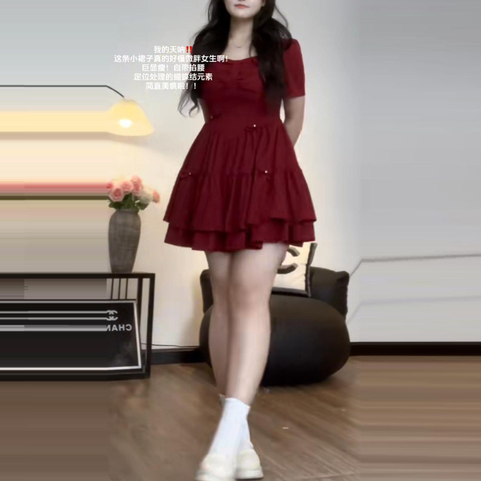 大码微胖纯欲连衣裙女夏季胖mm显瘦方领复古赫本风绝美小个子裙子