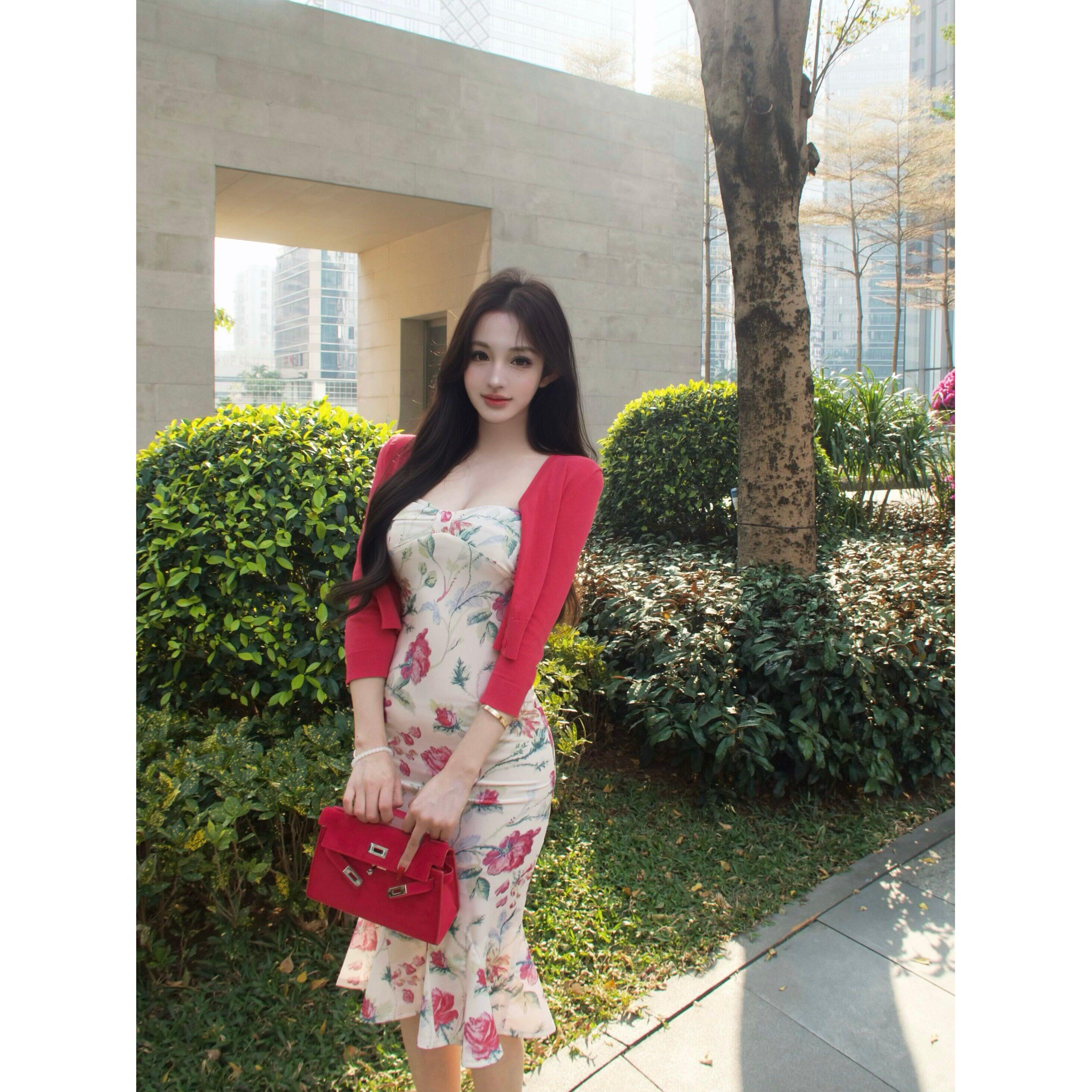 法式印花抹胸连衣裙女春