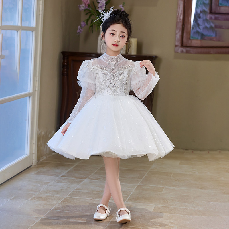 洋气儿童礼服高端花童婚礼小女孩公主裙生日白纱裙钢琴演出服长袖