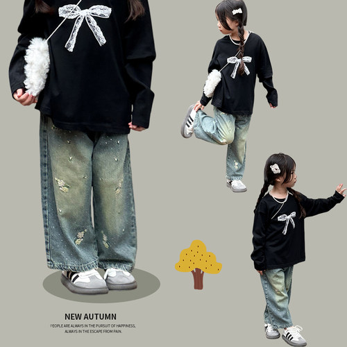 刺绣蝴蝶结牛仔裤宽松百搭