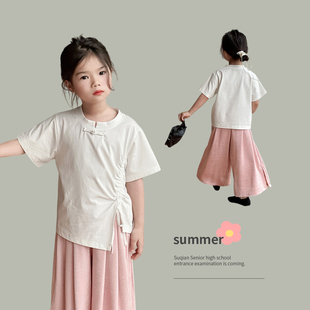 洋气短袖 女童新中式 T恤2024夏装 休闲国风上衣儿童汉服宽松纯棉薄