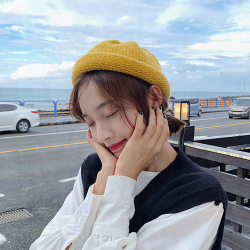 猫哥女春秋冬针织毛线帽韩版纯色卷边可爱潮百搭休闲款