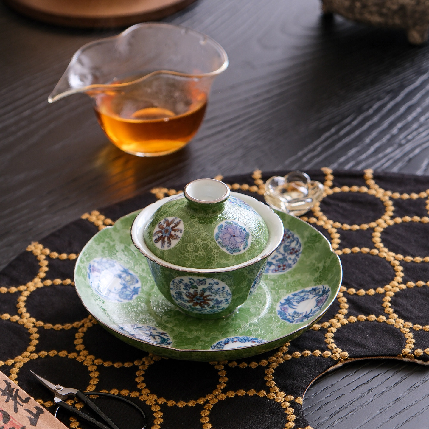 空歌 青远慕名 扒花工艺 手绘青花斗彩团花盖碗 中式高端茶器