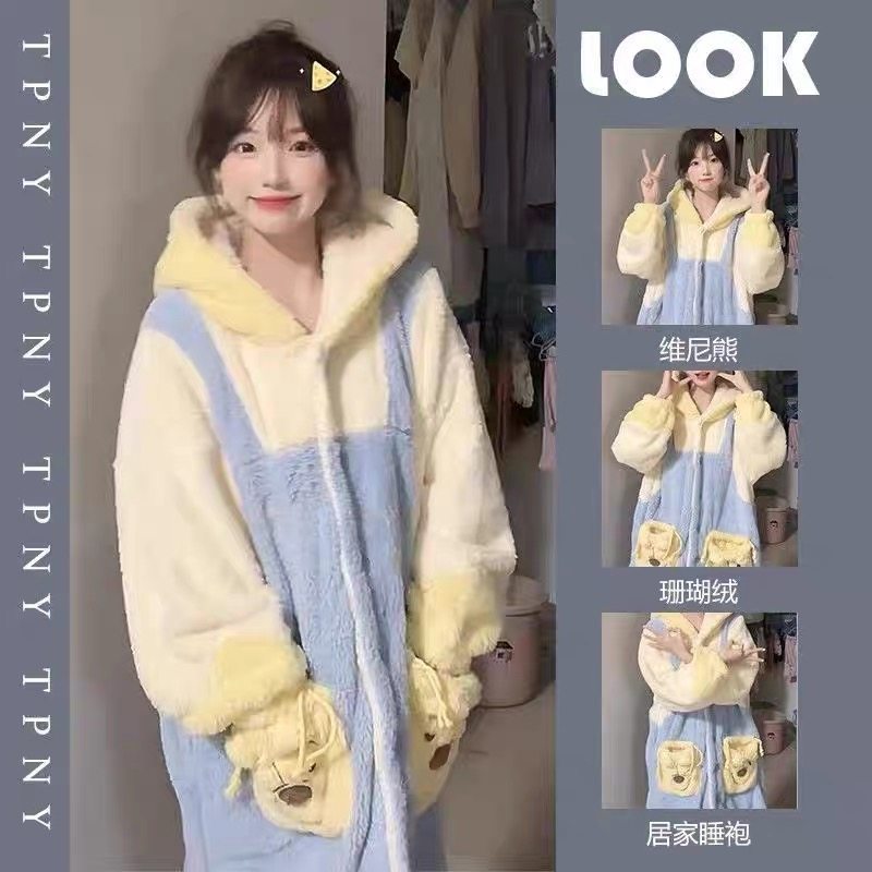 可爱维尼熊连帽睡袍冬季女款加绒加厚大码珊瑚绒睡衣居家外穿睡裙
