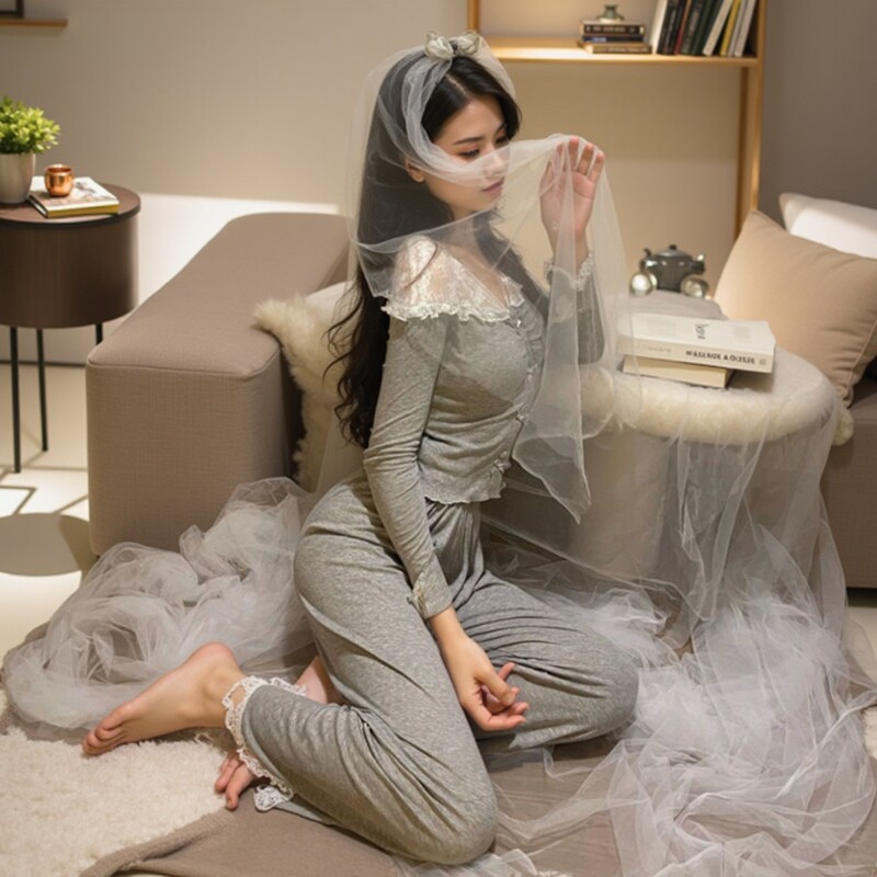 睡衣女款2025新款春秋季长袖带胸垫纯欲风性感蕾丝边莫代尔棉柔软