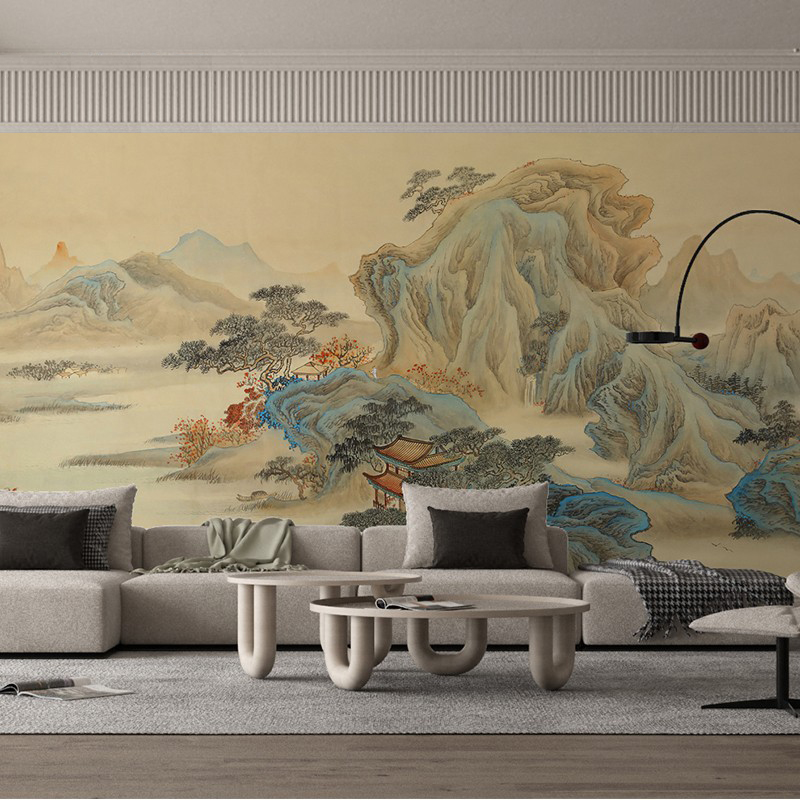 中式意境大气山水画壁纸客厅沙发背景墙布大堂酒店定制壁画墙纸