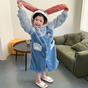 冬季儿童浴袍女童加厚加长睡袍珊瑚绒睡衣男童卡通睡裙兔子警察