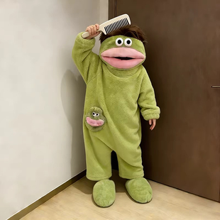 新款丑鱼睡衣连体儿童秋冬季加厚珊瑚绒男童法兰绒女童搞怪家居服