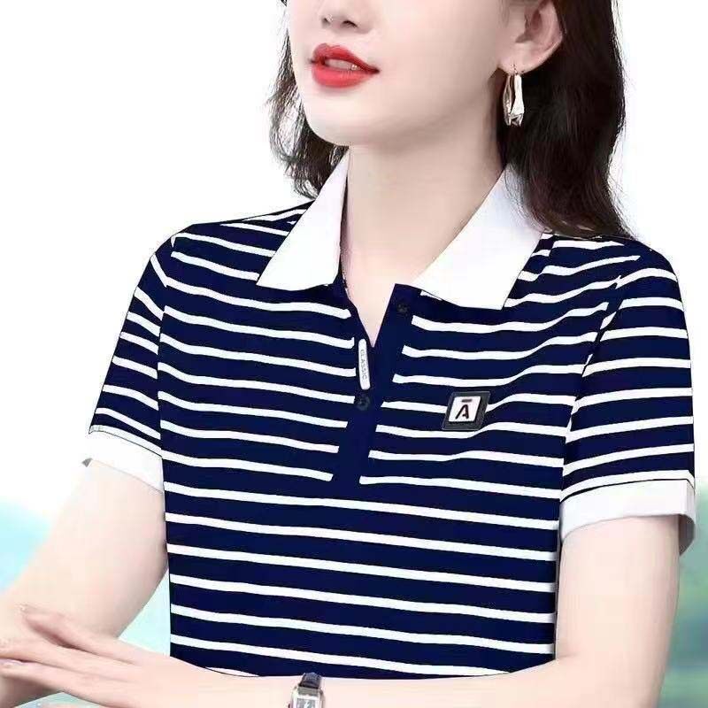 芸菲汇条纹翻领短袖妈妈T恤