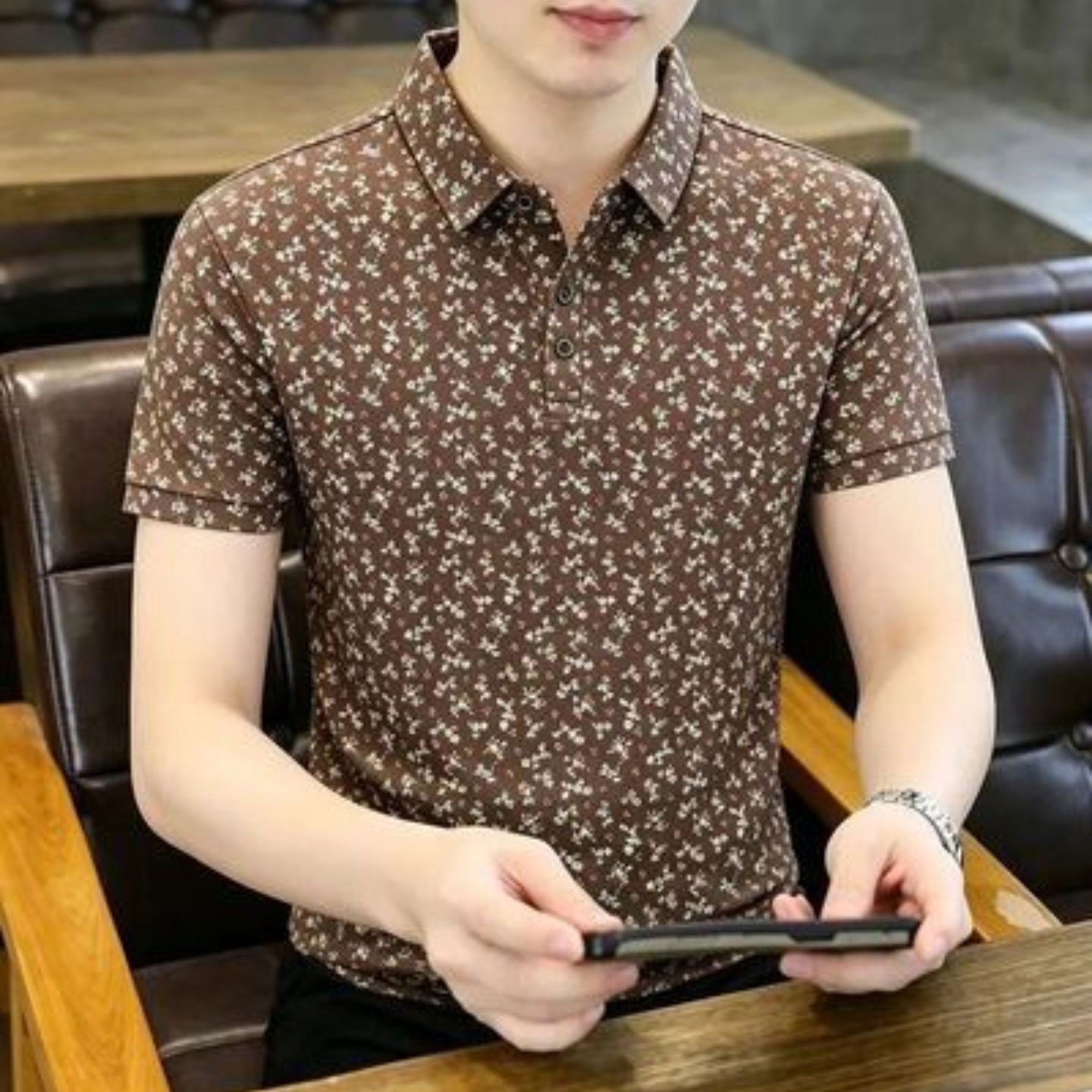 芸菲汇男装碎花休闲男士polo衫复古港风翻领短袖夏季新款透气T恤