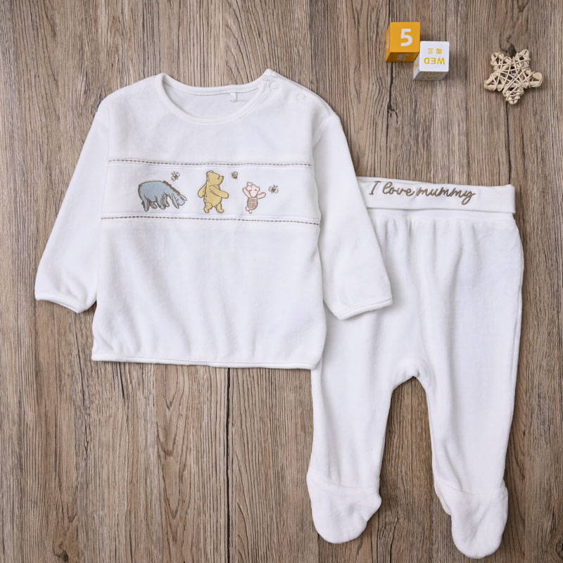 外贸欧美宝宝春秋天鹅绒衫长袖圆领上衣婴儿包脚裤长裤子两件套装