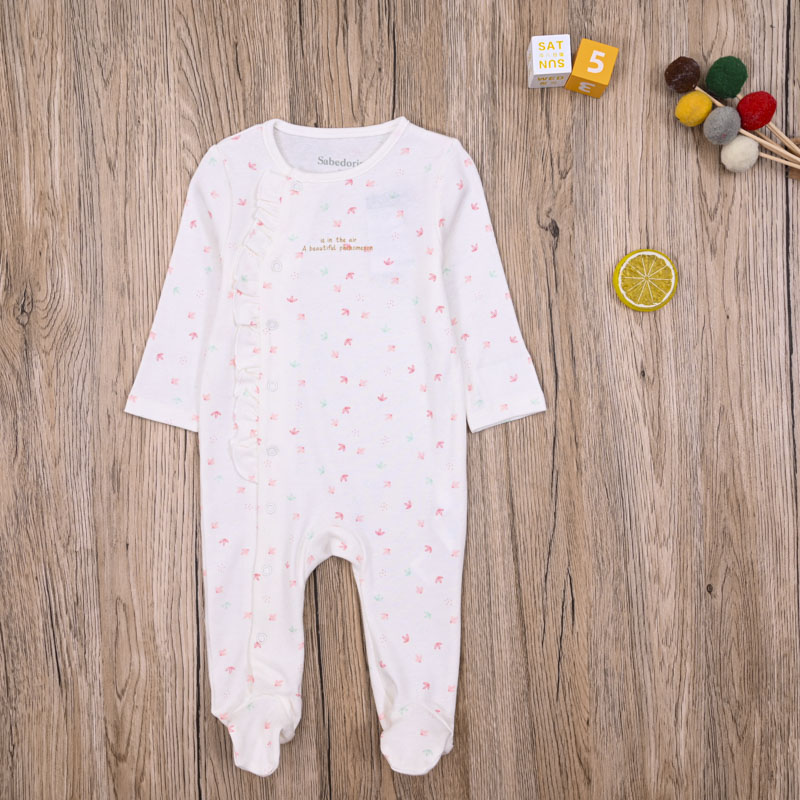 外贸欧美女宝春秋纯棉连体衣婴儿新生儿长袖包脚侧开长爬服连身衣