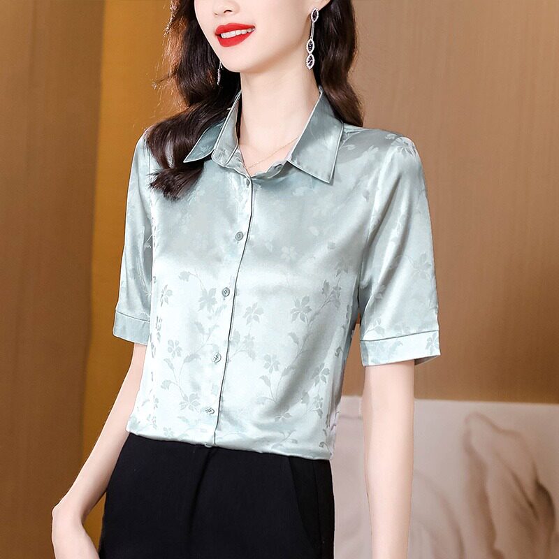 夏季桑蚕丝提花法式短袖女衬衫图片