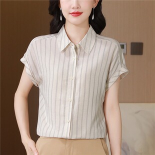法式复古棉麻条纹衬衫女夏时尚百搭休闲宽松翻领短袖亚麻小衫上衣