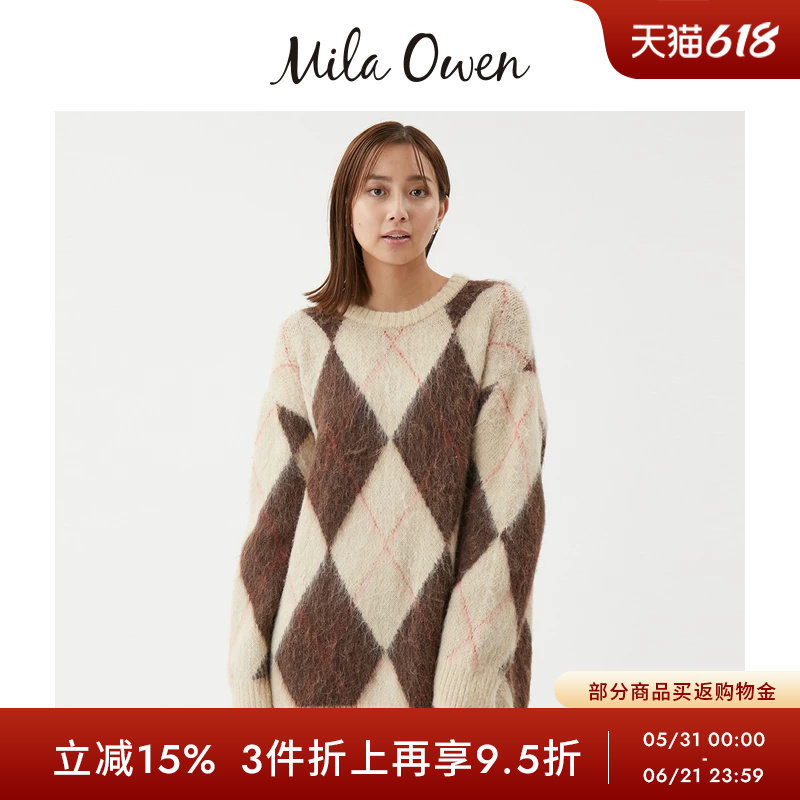 Mila Owen秋冬羊驼毛混纺阿盖尔格纹长款毛衣09WNO255052